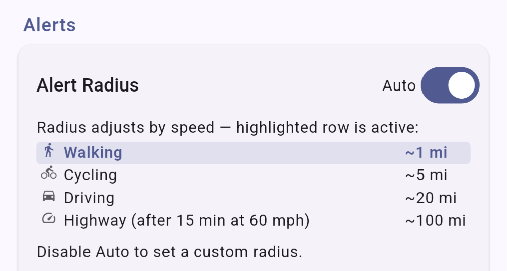 Auto alert radius adapts to your speed